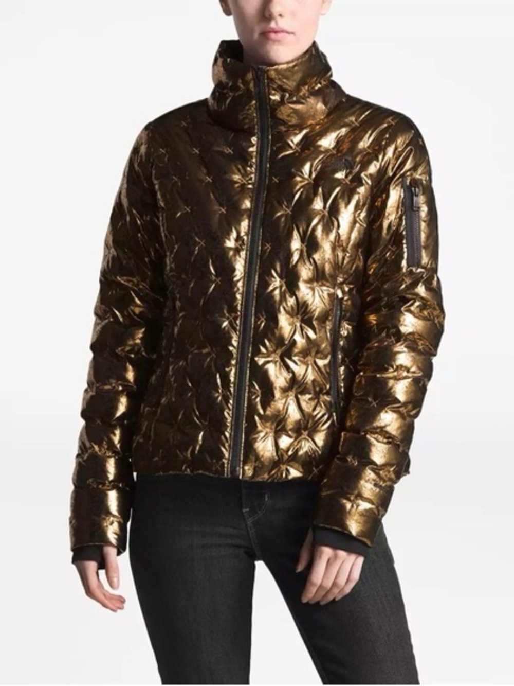 The North Face Holladown Cropped 550 Down Puffer Jacket Metallic Gold M